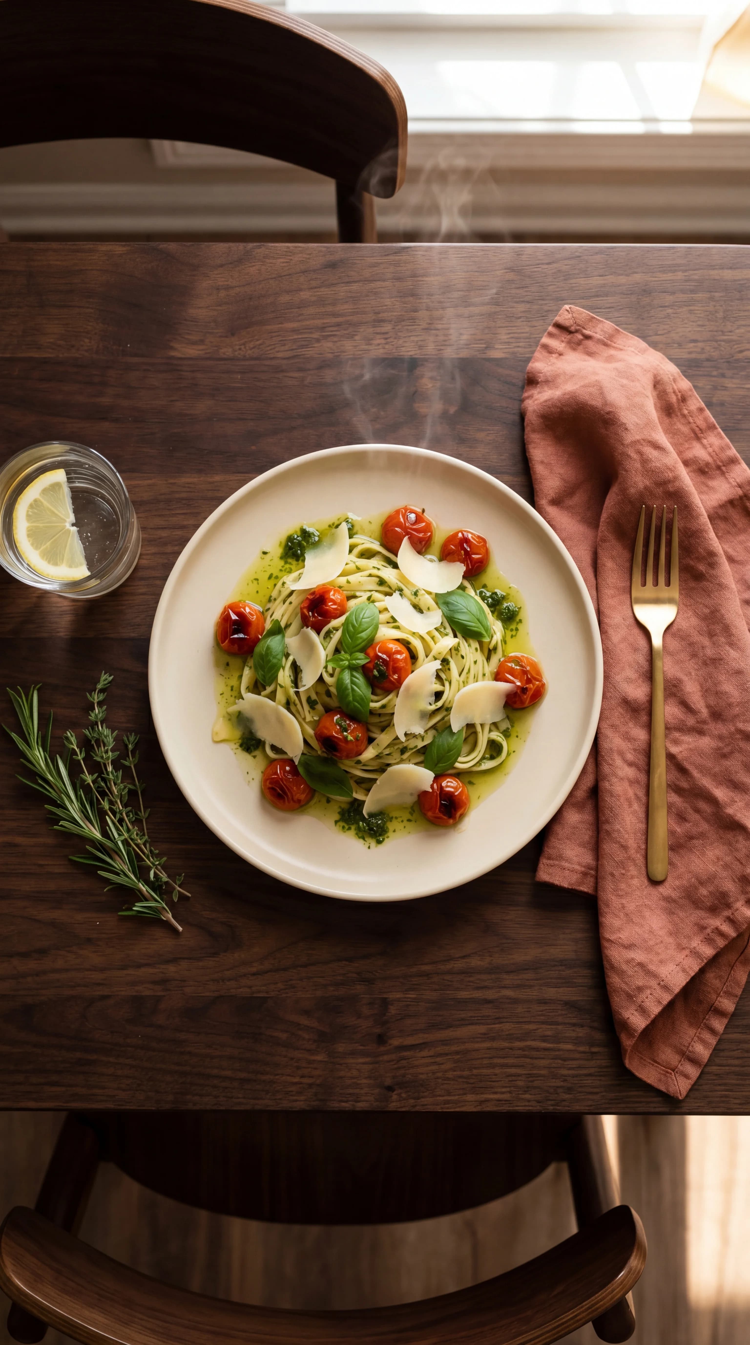 Steaming pasta with roasted tomatoes and basil on a wooden table
